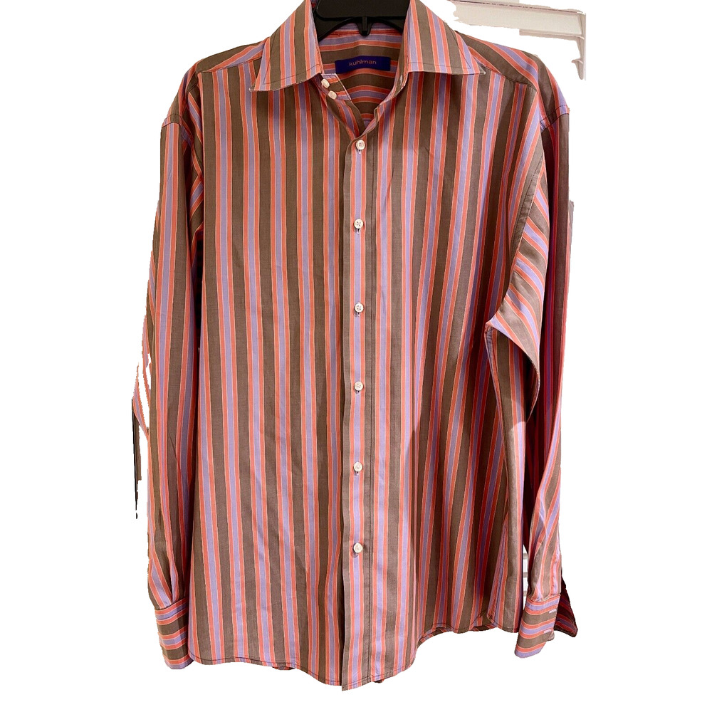 Kuhlman Men's 100% Cotton Shirt 42 Striped Orange/Cocoa/Lavender A+